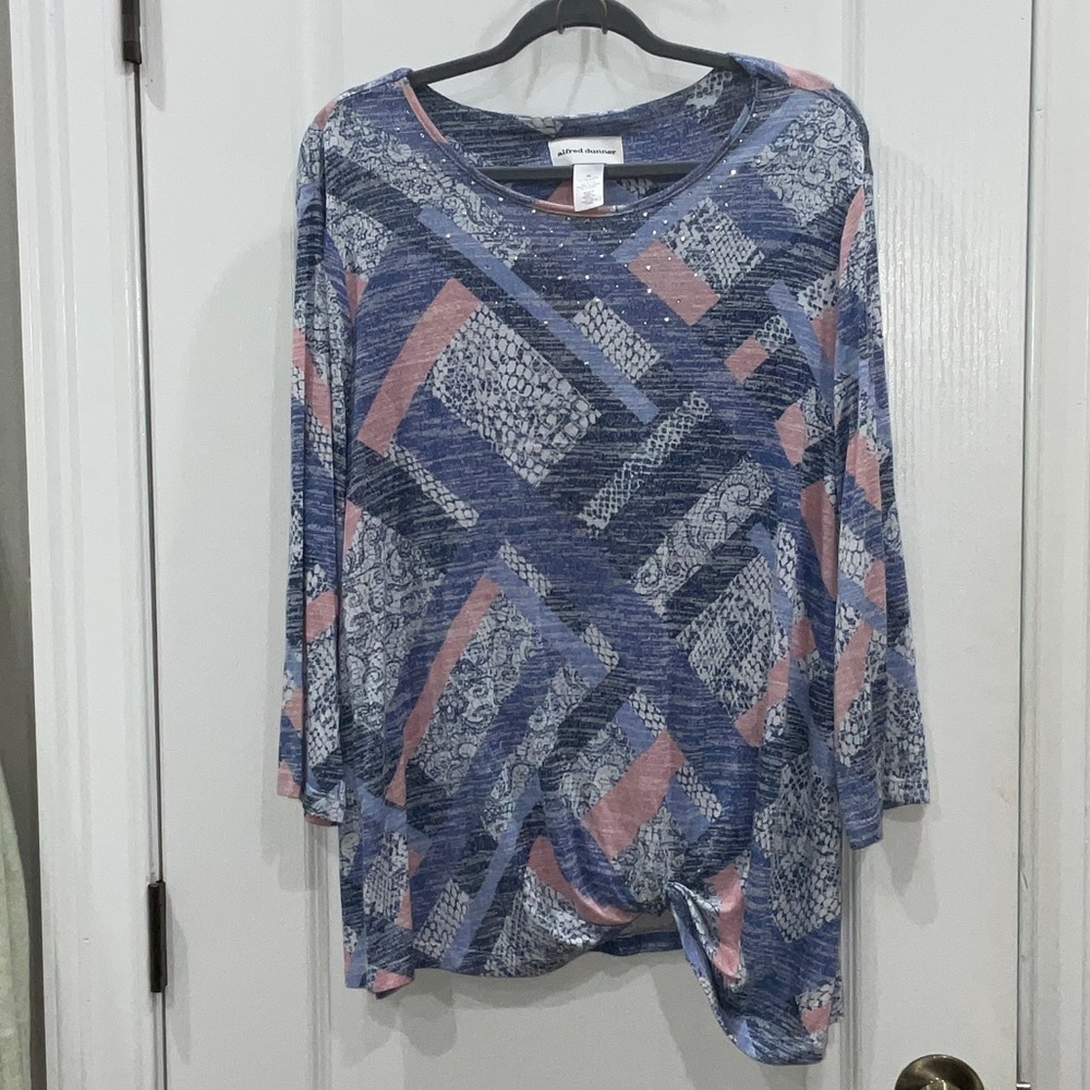 Alfred Dunner Blue and Pink Geometric Long Sleeve Top